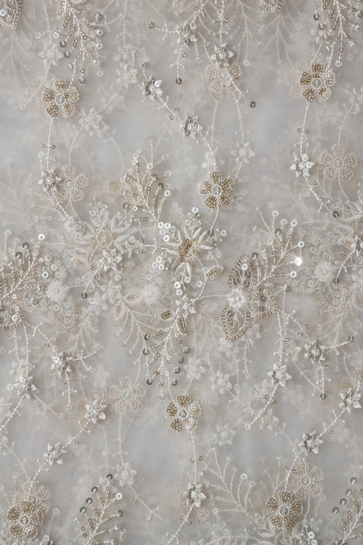 AIzaSyBcstauz-XMPRhEY21AUzeo032pxrXB5Ug - Beautiful White Thread With Sequins Floral Embroidery Work On White Dyeable Soft Net Fabric