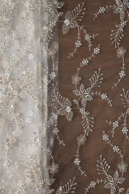AIzaSyBcstauz-XMPRhEY21AUzeo032pxrXB5Ug - Beautiful White Thread With Sequins Floral Embroidery Work On White Dyeable Soft Net Fabric