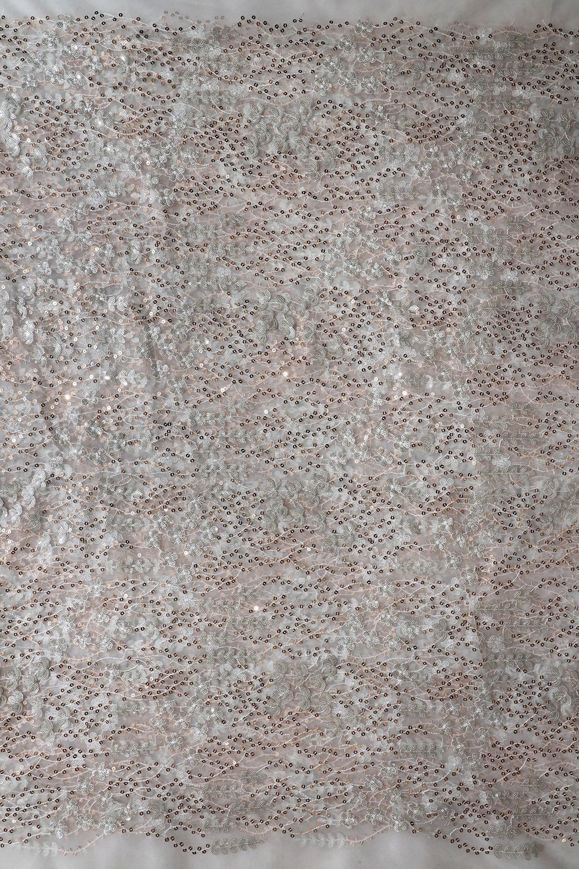 AIzaSyBcstauz-XMPRhEY21AUzeo032pxrXB5Ug - Gold And Silver Sequins Heavy Embroidery On Dyeable White Soft Net Fabric