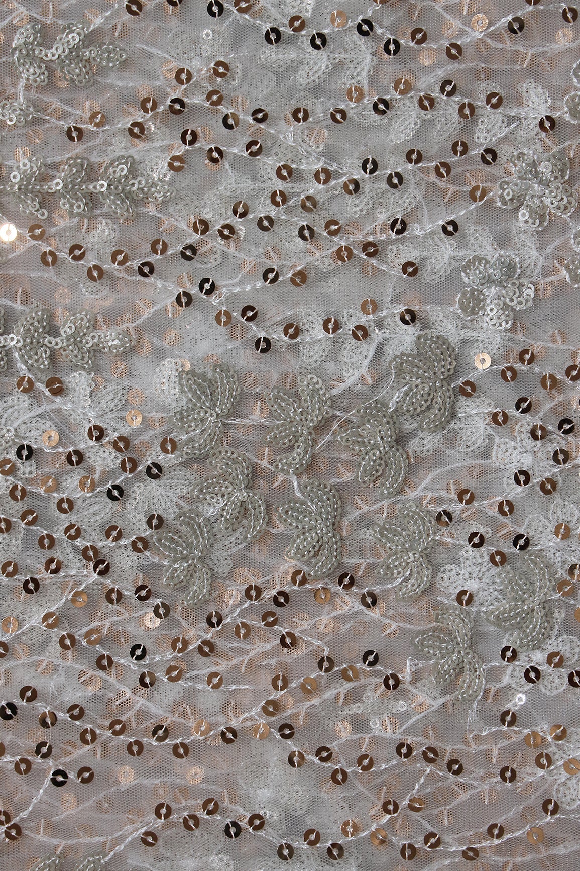 AIzaSyBcstauz-XMPRhEY21AUzeo032pxrXB5Ug - Gold And Silver Sequins Heavy Embroidery On Dyeable White Soft Net Fabric