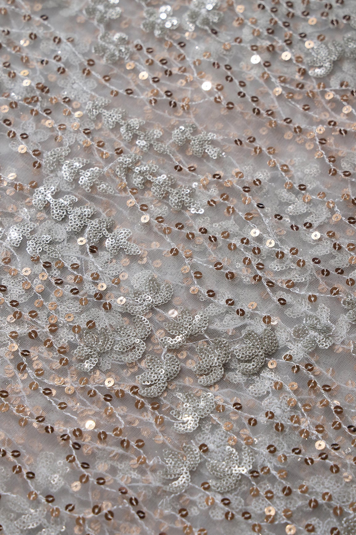 AIzaSyBcstauz-XMPRhEY21AUzeo032pxrXB5Ug - Gold And Silver Sequins Heavy Embroidery On Dyeable White Soft Net Fabric
