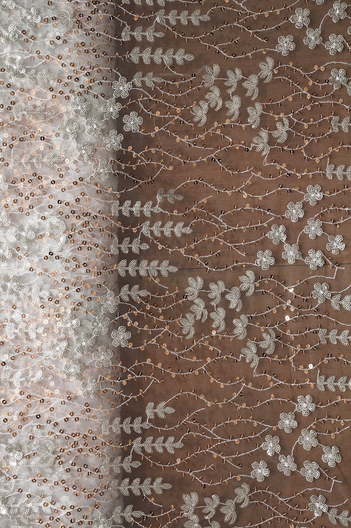 AIzaSyBcstauz-XMPRhEY21AUzeo032pxrXB5Ug - Gold And Silver Sequins Heavy Embroidery On Dyeable White Soft Net Fabric