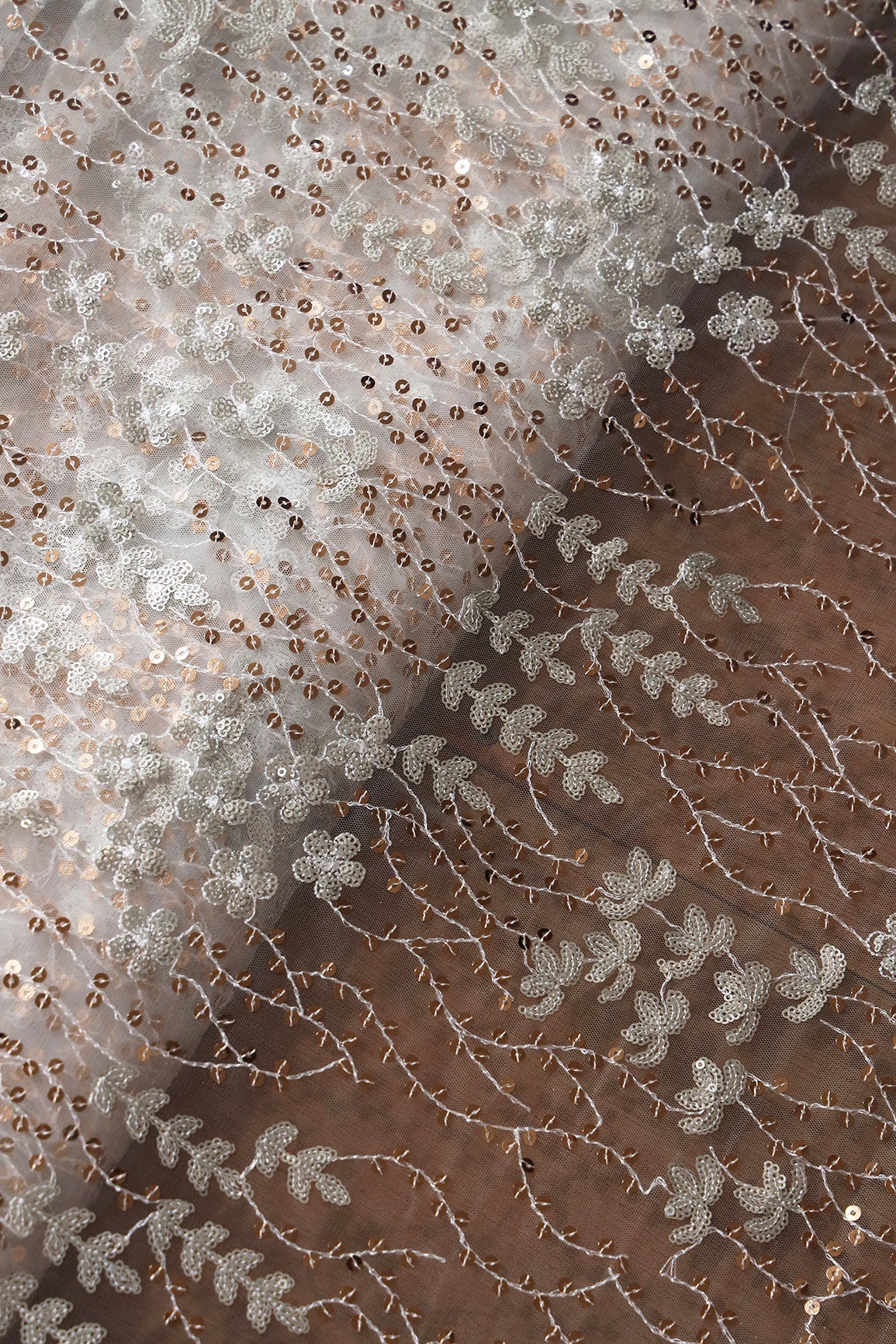 AIzaSyBcstauz-XMPRhEY21AUzeo032pxrXB5Ug - Gold And Silver Sequins Heavy Embroidery On Dyeable White Soft Net Fabric