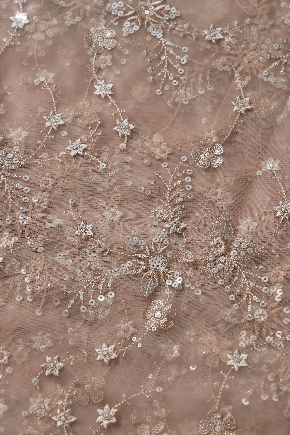 AIzaSyBcstauz-XMPRhEY21AUzeo032pxrXB5Ug - Beautiful Beige Thread With Sequins Floral Embroidery Work On Beige Soft Net Fabric