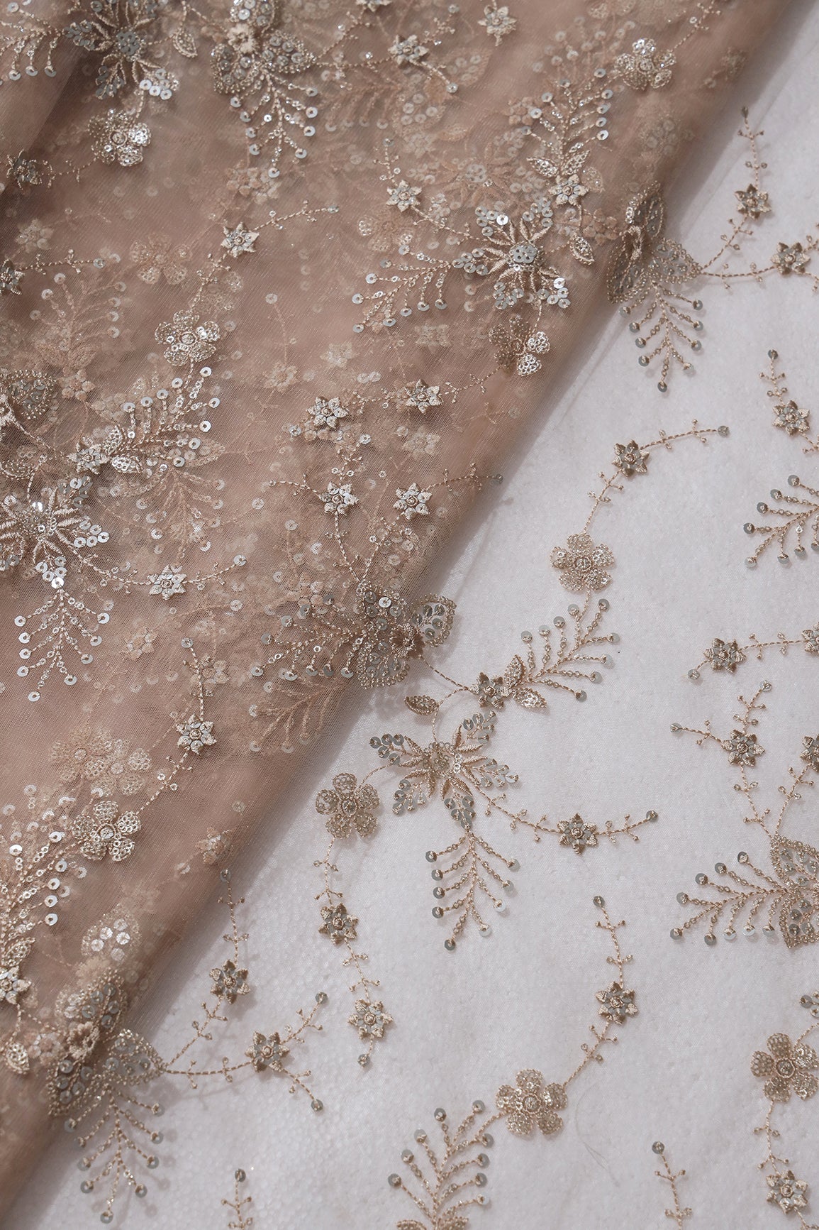 AIzaSyBcstauz-XMPRhEY21AUzeo032pxrXB5Ug - Beautiful Beige Thread With Sequins Floral Embroidery Work On Beige Soft Net Fabric