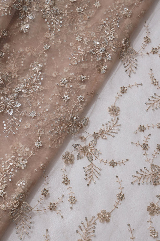 AIzaSyBcstauz-XMPRhEY21AUzeo032pxrXB5Ug - Beautiful Beige Thread With Sequins Floral Embroidery Work On Beige Soft Net Fabric