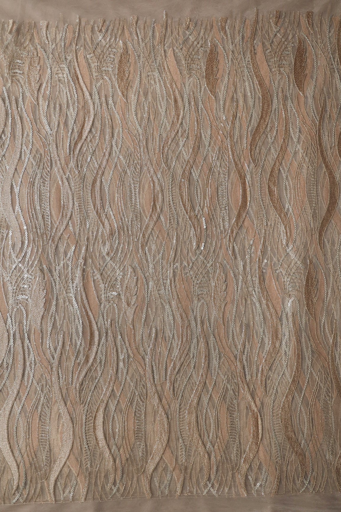 AIzaSyBcstauz-XMPRhEY21AUzeo032pxrXB5Ug - Beige Thread With Sequins Wavy Embroidery Work On Beige Soft Net Fabric