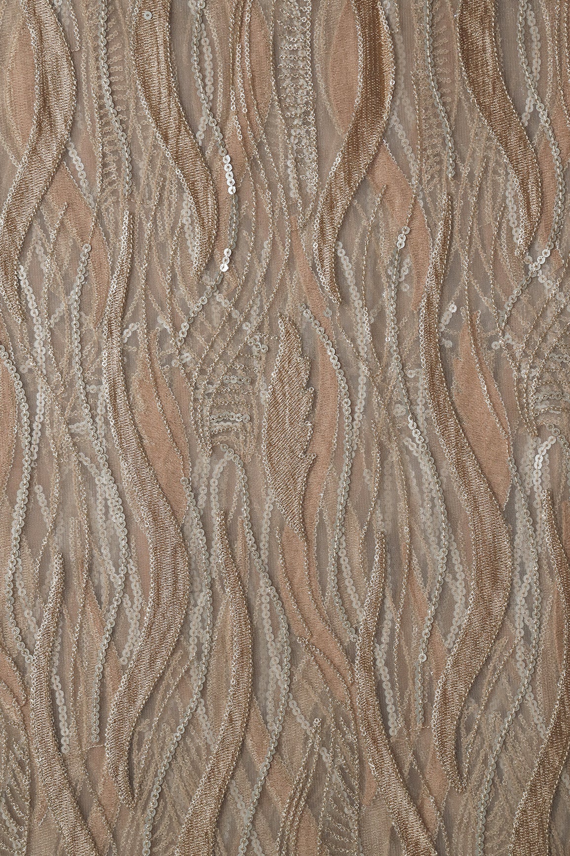 AIzaSyBcstauz-XMPRhEY21AUzeo032pxrXB5Ug - Beige Thread With Sequins Wavy Embroidery Work On Beige Soft Net Fabric