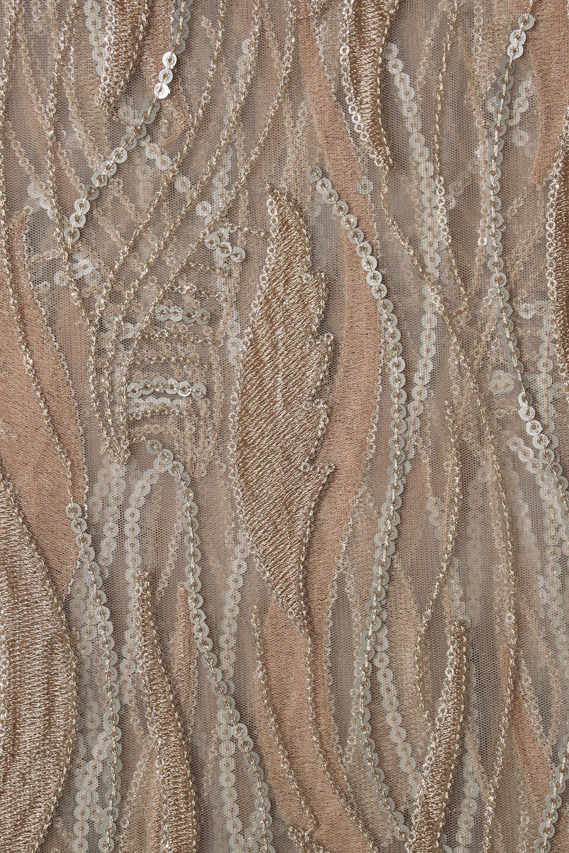 AIzaSyBcstauz-XMPRhEY21AUzeo032pxrXB5Ug - Beige Thread With Sequins Wavy Embroidery Work On Beige Soft Net Fabric
