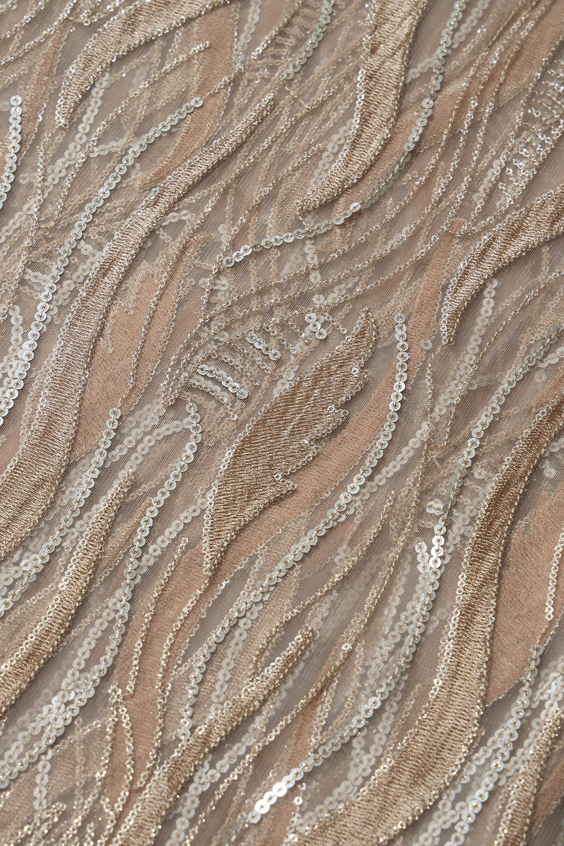 AIzaSyBcstauz-XMPRhEY21AUzeo032pxrXB5Ug - Beige Thread With Sequins Wavy Embroidery Work On Beige Soft Net Fabric