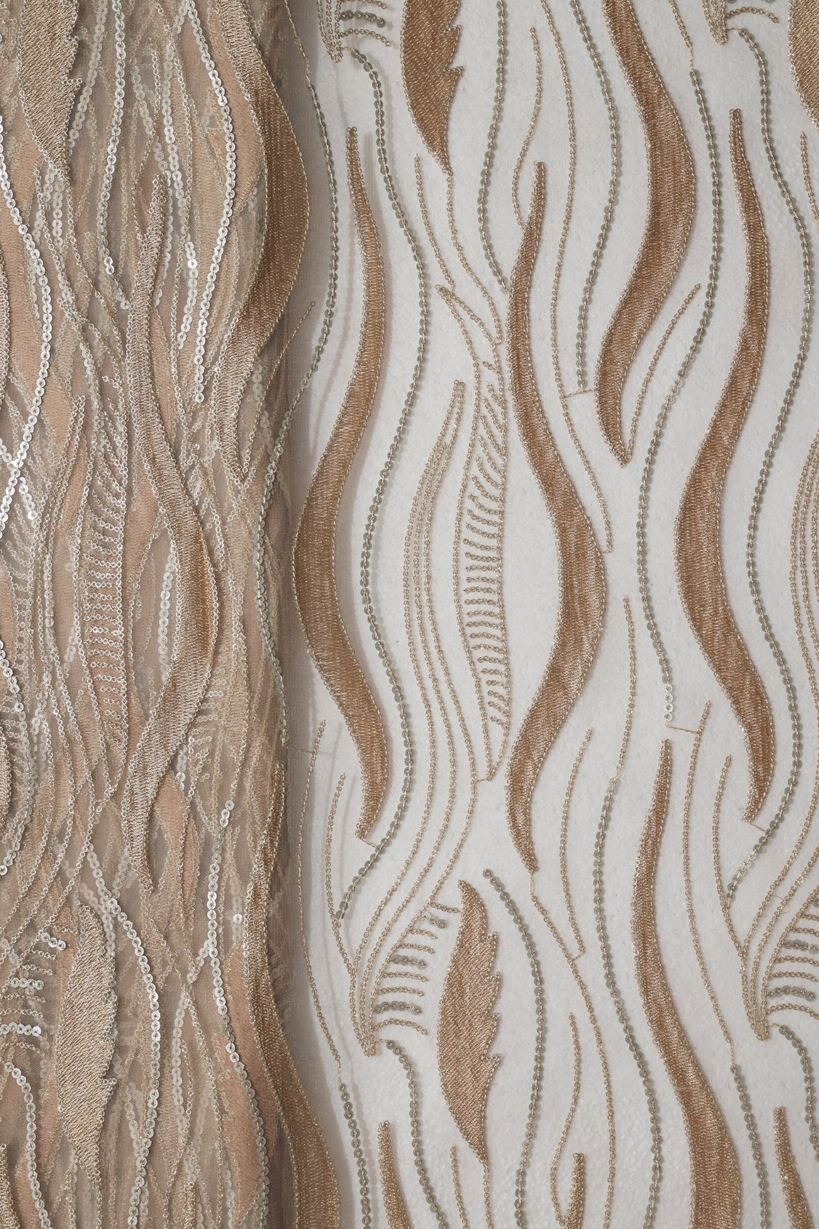 AIzaSyBcstauz-XMPRhEY21AUzeo032pxrXB5Ug - Beige Thread With Sequins Wavy Embroidery Work On Beige Soft Net Fabric