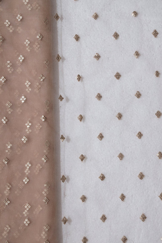 Small Motif Sequins Embroidery Work On Beige Soft Net Fabric