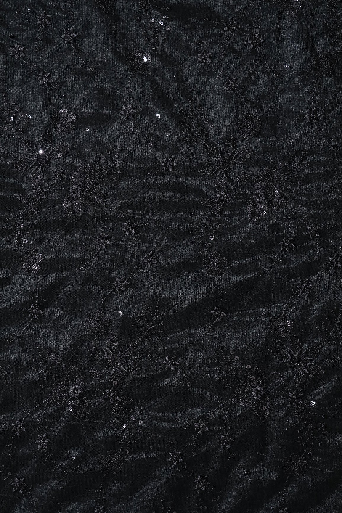 AIzaSyBcstauz-XMPRhEY21AUzeo032pxrXB5Ug - Beautiful Black Thread With Sequins Floral Embroidery Work On Black Soft Net Fabric