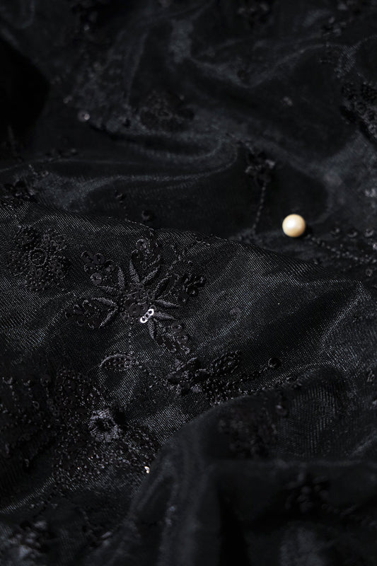 AIzaSyBcstauz-XMPRhEY21AUzeo032pxrXB5Ug - Beautiful Black Thread With Sequins Floral Embroidery Work On Black Soft Net Fabric