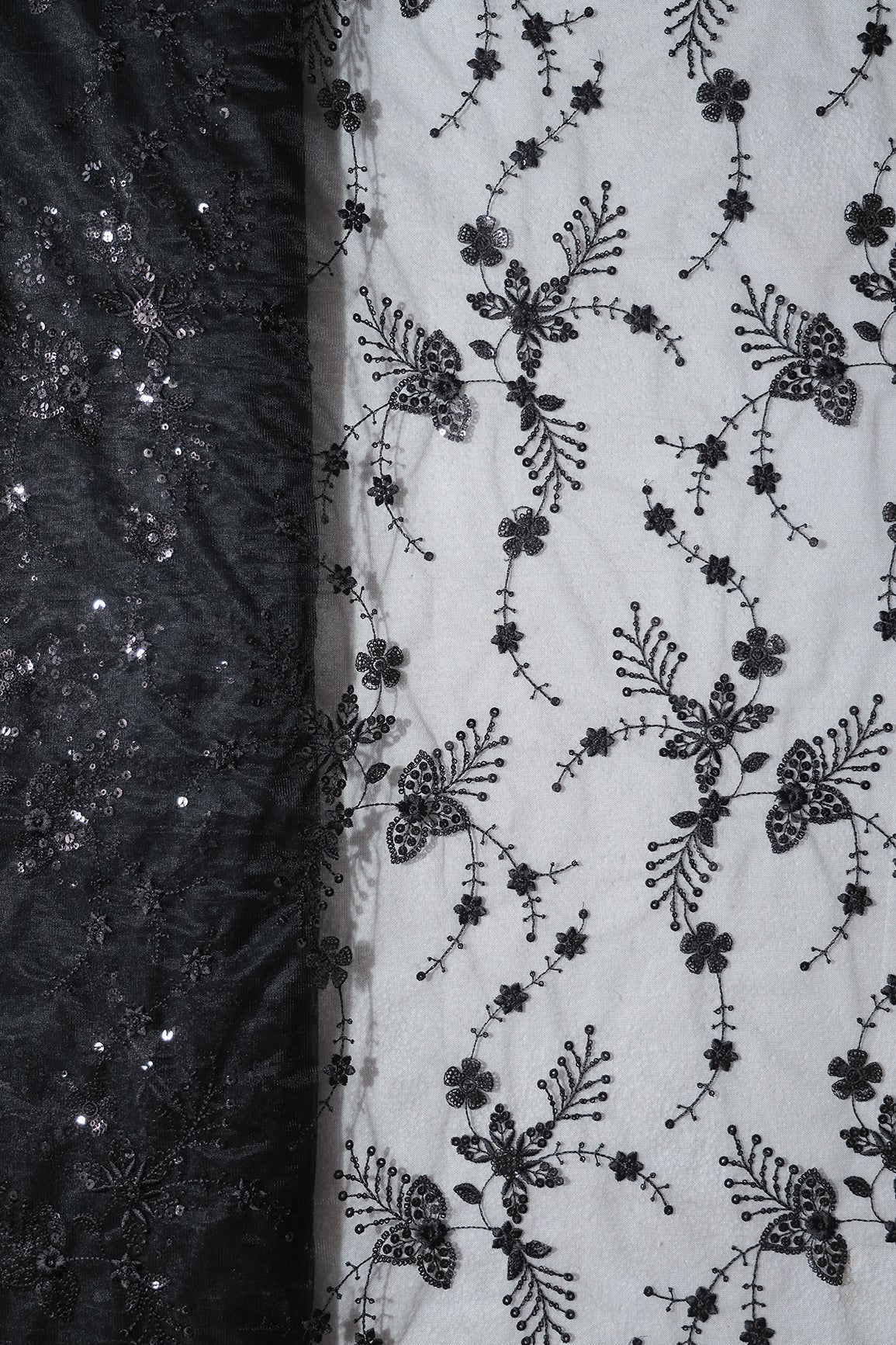 AIzaSyBcstauz-XMPRhEY21AUzeo032pxrXB5Ug - Beautiful Black Thread With Sequins Floral Embroidery Work On Black Soft Net Fabric