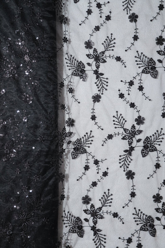 AIzaSyBcstauz-XMPRhEY21AUzeo032pxrXB5Ug - Beautiful Black Thread With Sequins Floral Embroidery Work On Black Soft Net Fabric