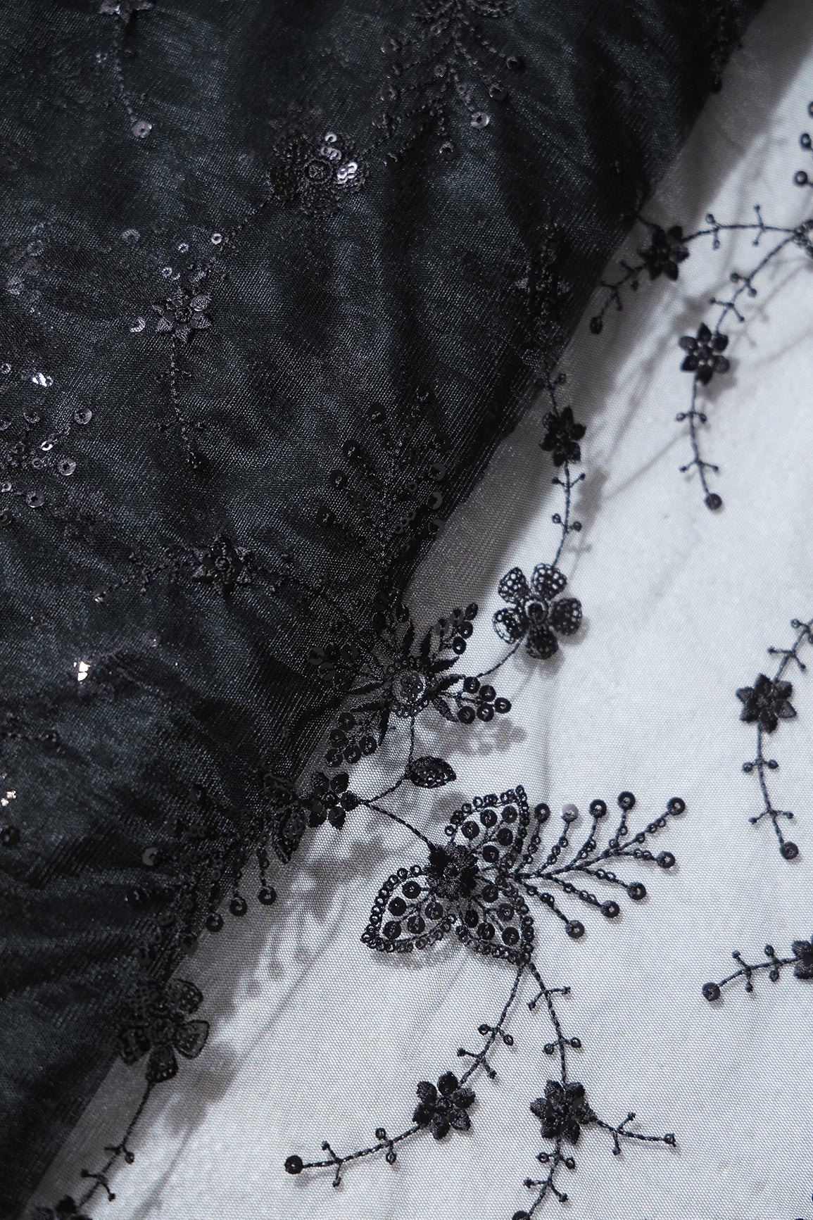 AIzaSyBcstauz-XMPRhEY21AUzeo032pxrXB5Ug - Beautiful Black Thread With Sequins Floral Embroidery Work On Black Soft Net Fabric