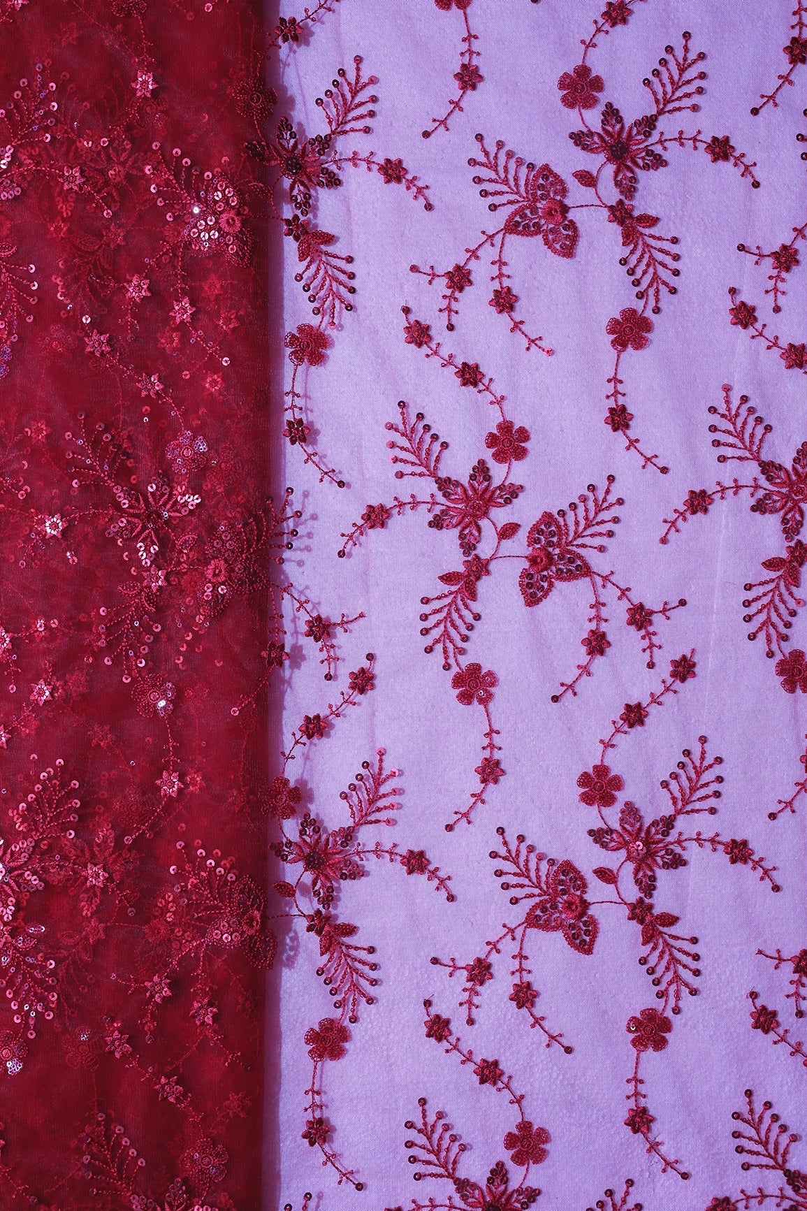 AIzaSyBcstauz-XMPRhEY21AUzeo032pxrXB5Ug - Beautiful Red Thread With Red Sequins Floral Embroidery Work On Red Soft Net Fabric