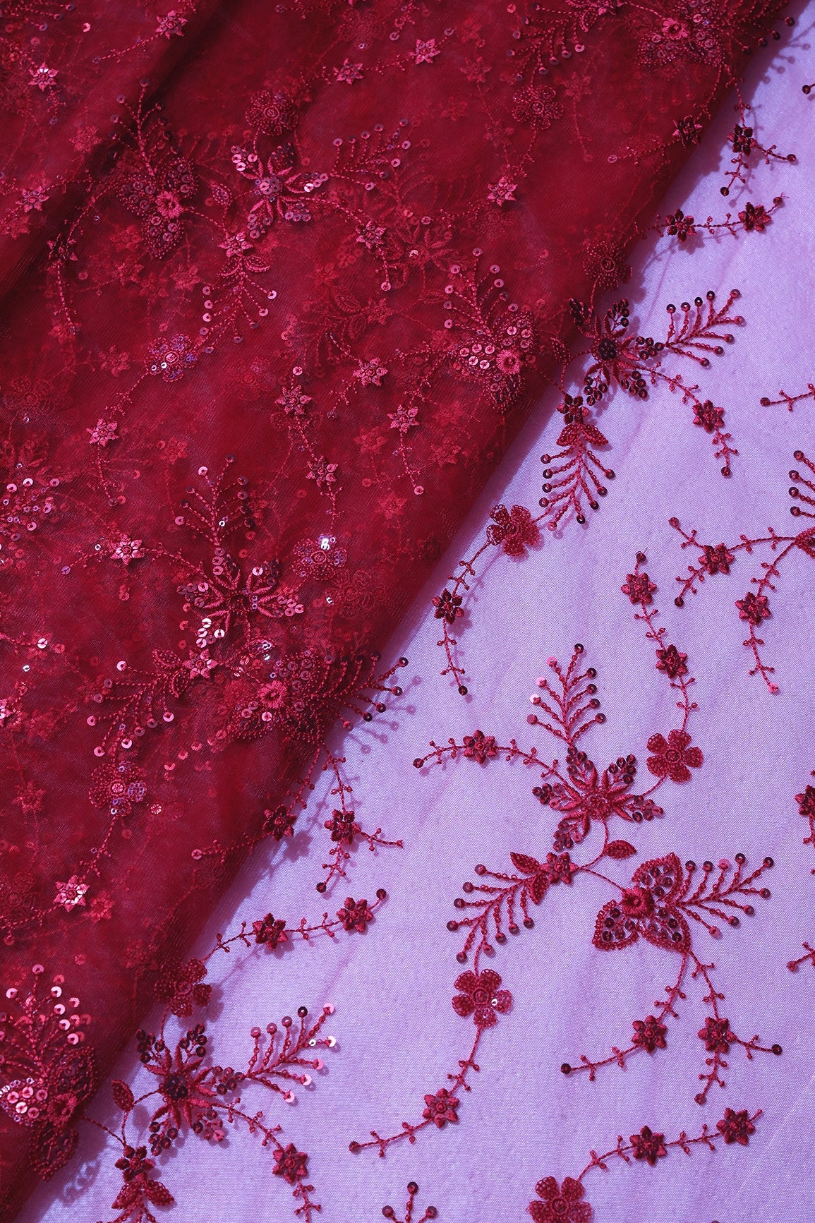 AIzaSyBcstauz-XMPRhEY21AUzeo032pxrXB5Ug - Beautiful Red Thread With Red Sequins Floral Embroidery Work On Red Soft Net Fabric