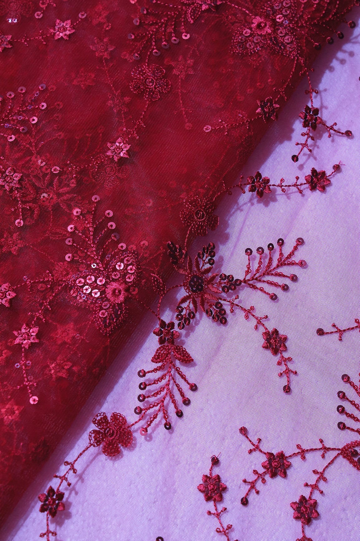 AIzaSyBcstauz-XMPRhEY21AUzeo032pxrXB5Ug - Beautiful Red Thread With Red Sequins Floral Embroidery Work On Red Soft Net Fabric