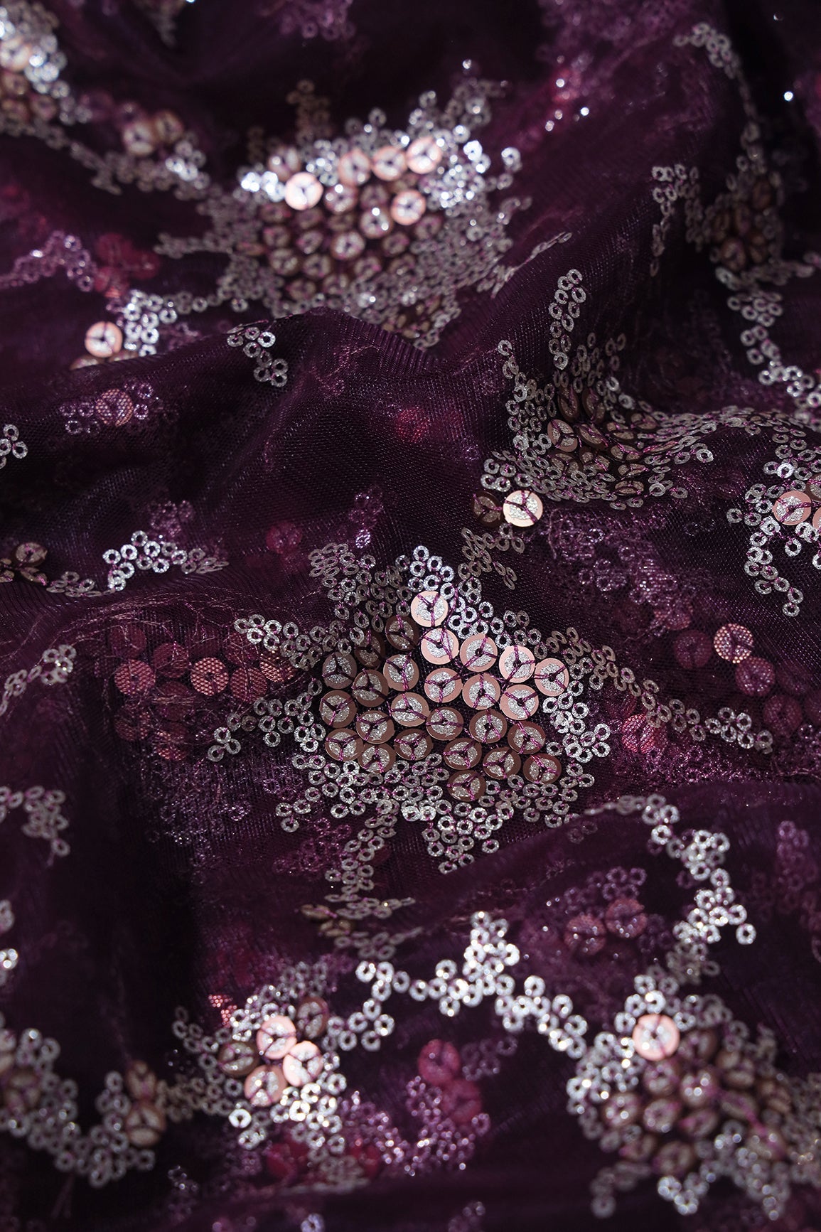 AIzaSyBcstauz-XMPRhEY21AUzeo032pxrXB5Ug - Gold Sequins With Wine Thread Work Embroidery On Wine Soft Net Fabric