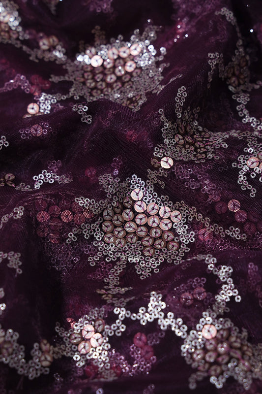 AIzaSyBcstauz-XMPRhEY21AUzeo032pxrXB5Ug - Gold Sequins With Wine Thread Work Embroidery On Wine Soft Net Fabric