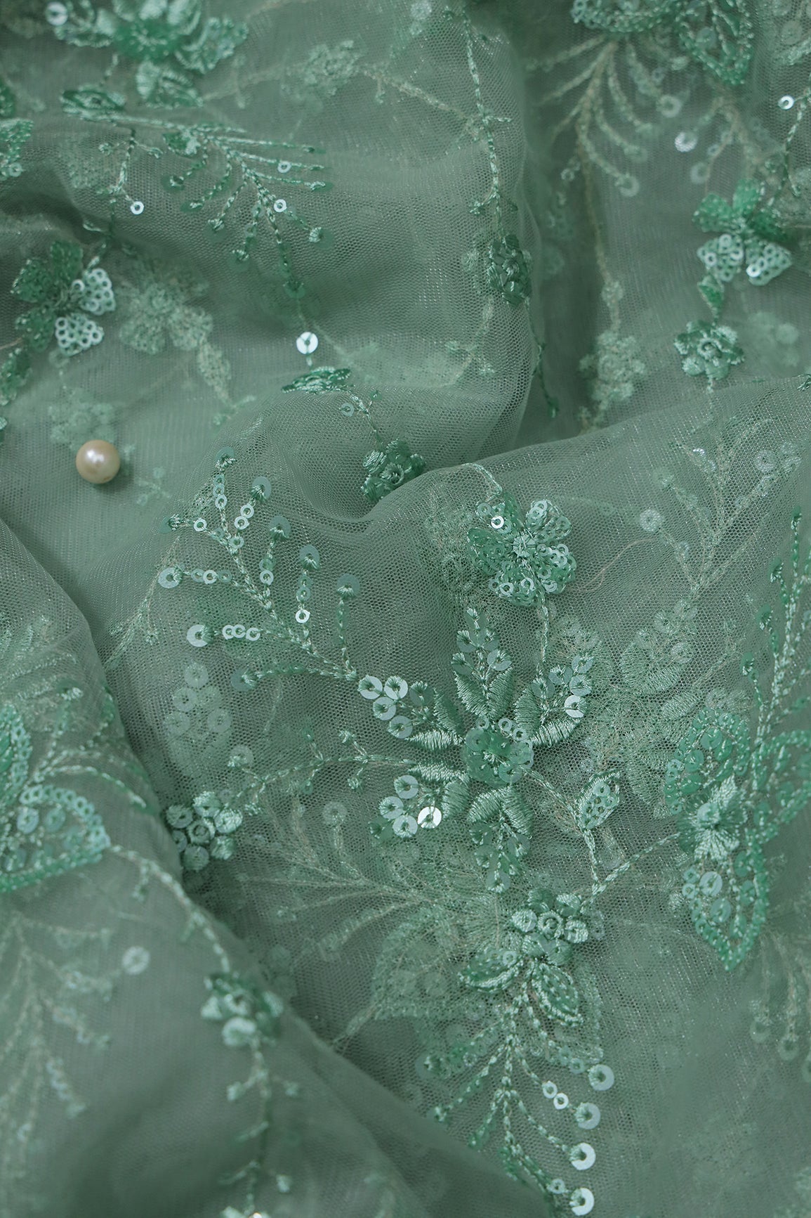 AIzaSyBcstauz-XMPRhEY21AUzeo032pxrXB5Ug - Beautiful Olive Thread With Sequins Floral Embroidery Work On Olive Soft Net Fabric