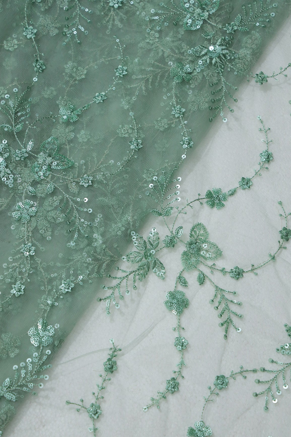 AIzaSyBcstauz-XMPRhEY21AUzeo032pxrXB5Ug - Beautiful Olive Thread With Sequins Floral Embroidery Work On Olive Soft Net Fabric