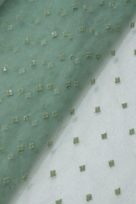 Small Motif Sequins Embroidery Work On Olive Soft Net Fabric