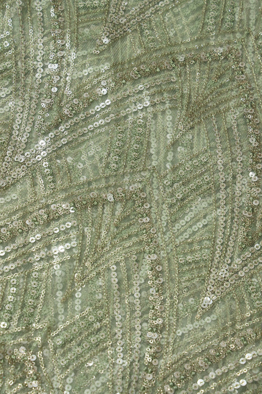 Olive Thread With Sequins Geometric Embroidery Work On Olive Soft Net Fabric