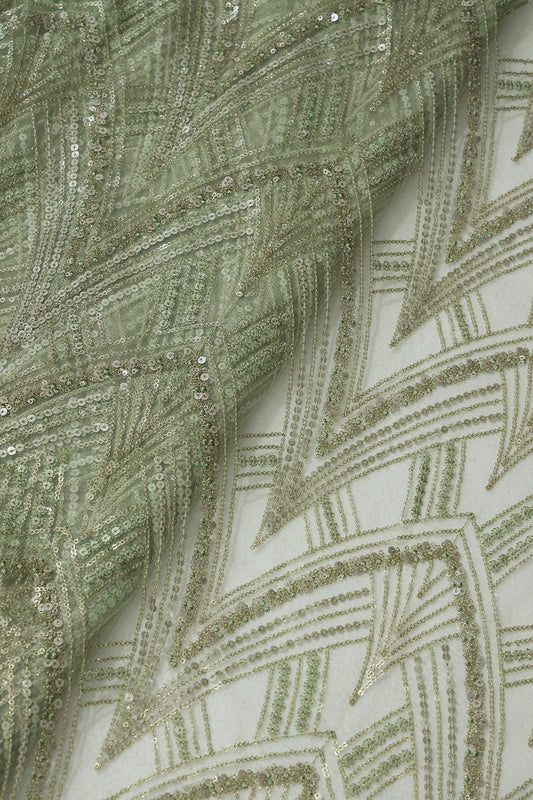 Olive Thread With Sequins Geometric Embroidery Work On Olive Soft Net Fabric