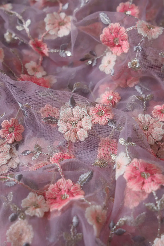 Pink And Cream Thread With Gold Sequins Floral Embroidery On Lilac Purple Soft Net Fabric