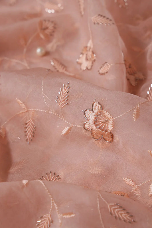 Peach Thread With Beads Floral Embroidery On Peach Organza Fabric