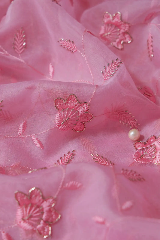 Pink Thread With Beads Floral Embroidery On Pink Organza Fabric