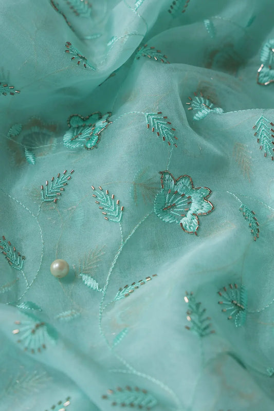 Sea Green Thread With Beads Floral Embroidery On Sea Green Organza Fabric