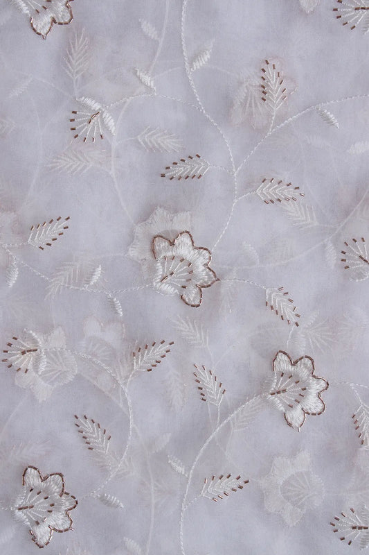 White Thread With Beads Floral Embroidery On Dyeable White Organza Fabric