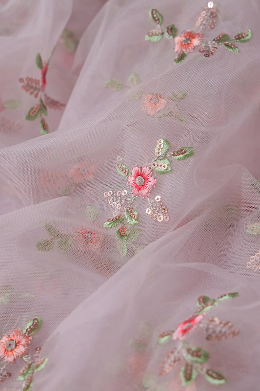Olive And Pink Thread With Gold Sequins Floral Butta Embroidery On Purple Grey Soft Net Fabric