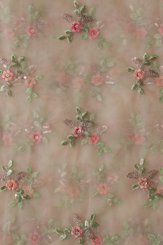 Olive And Pink Thread With Gold Sequins Floral Butta Embroidery On Light Beige Soft Net Fabric