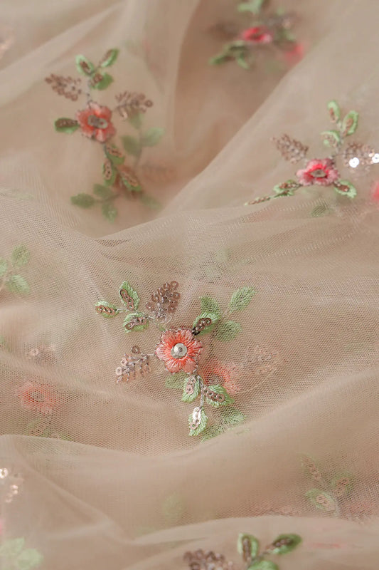 Olive And Pink Thread With Gold Sequins Floral Butta Embroidery On Light Beige Soft Net Fabric