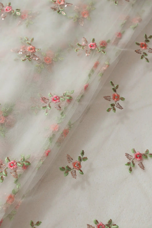 Olive And Pink Thread With Gold Sequins Floral Butta Embroidery On Dyeable White Soft Net Fabric