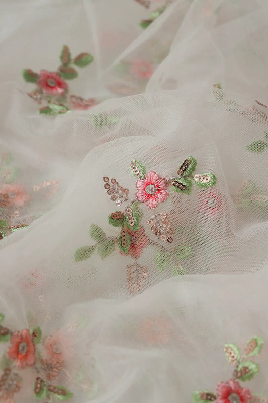 Olive And Pink Thread With Gold Sequins Floral Butta Embroidery On Dyeable White Soft Net Fabric