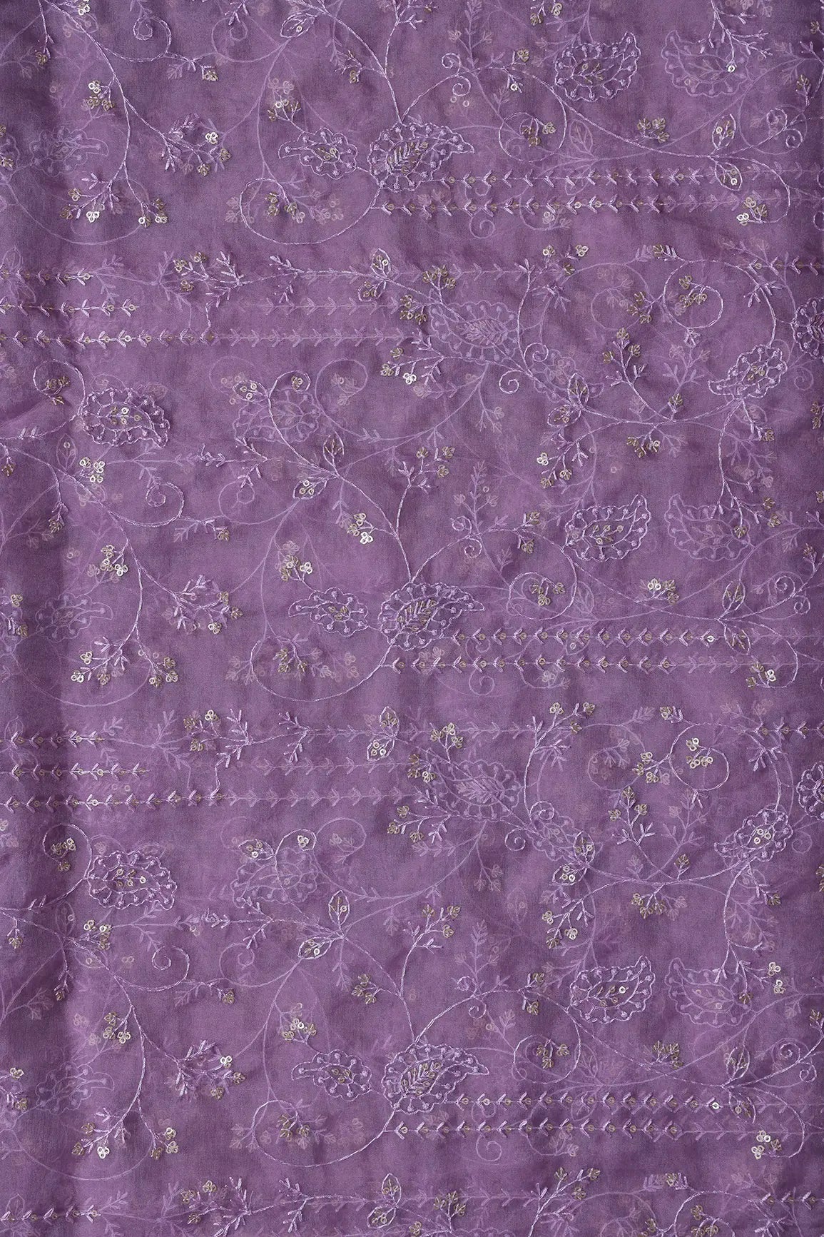 AIzaSyBcstauz-XMPRhEY21AUzeo032pxrXB5Ug - Lavender Thread With Sequins Floral Embroidery On Lavender Organza Fabric