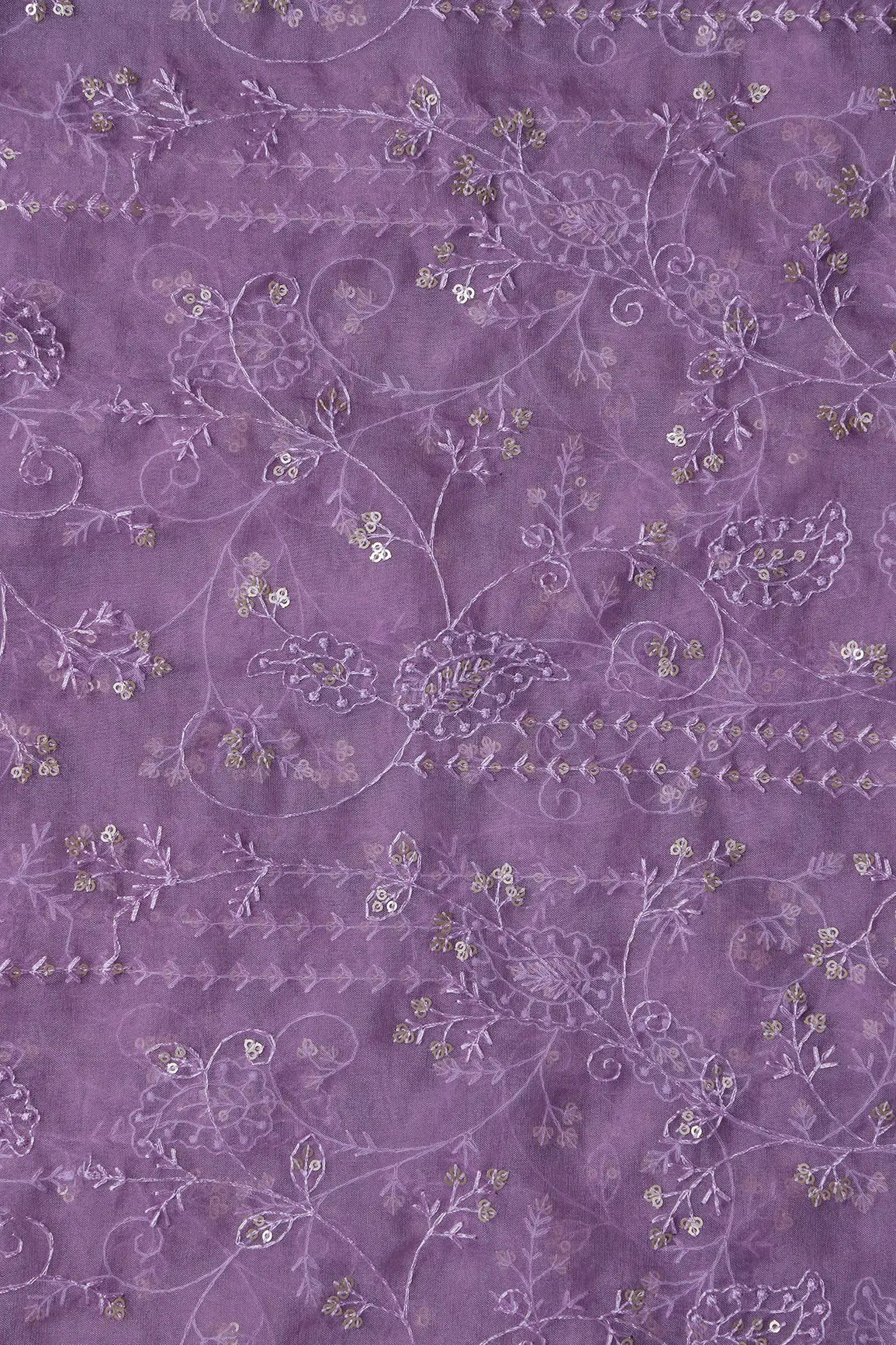 AIzaSyBcstauz-XMPRhEY21AUzeo032pxrXB5Ug - Lavender Thread With Sequins Floral Embroidery On Lavender Organza Fabric