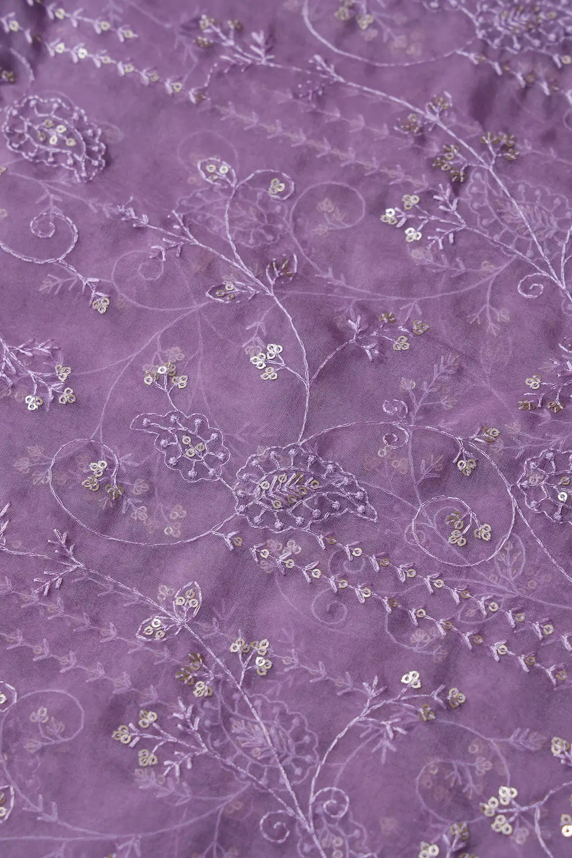 AIzaSyBcstauz-XMPRhEY21AUzeo032pxrXB5Ug - Lavender Thread With Sequins Floral Embroidery On Lavender Organza Fabric