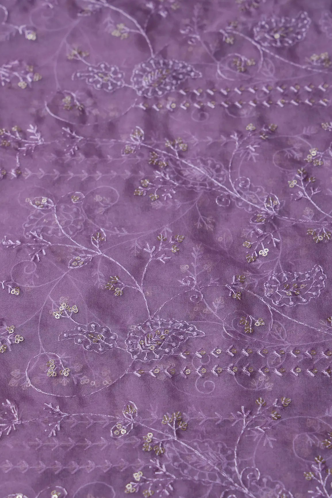 AIzaSyBcstauz-XMPRhEY21AUzeo032pxrXB5Ug - Lavender Thread With Sequins Floral Embroidery On Lavender Organza Fabric