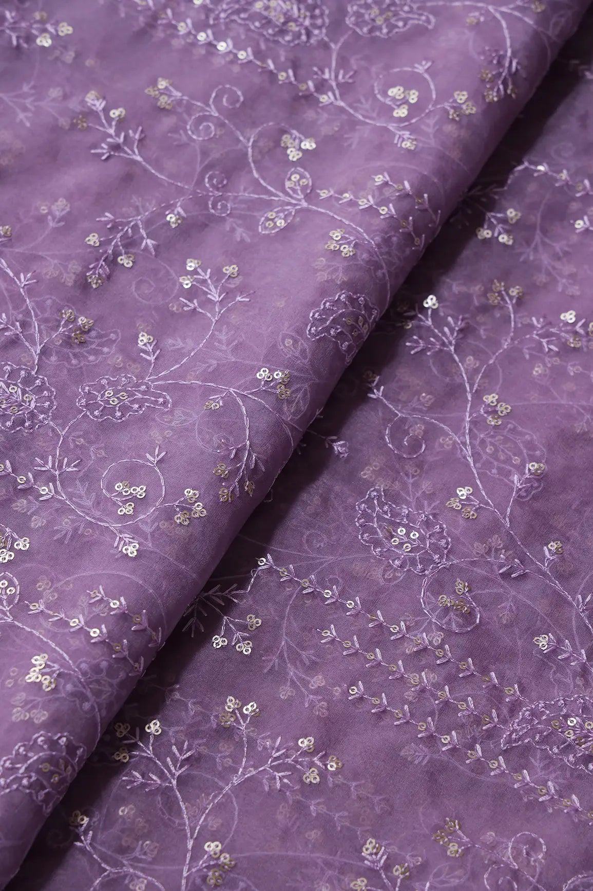 AIzaSyBcstauz-XMPRhEY21AUzeo032pxrXB5Ug - Lavender Thread With Sequins Floral Embroidery On Lavender Organza Fabric