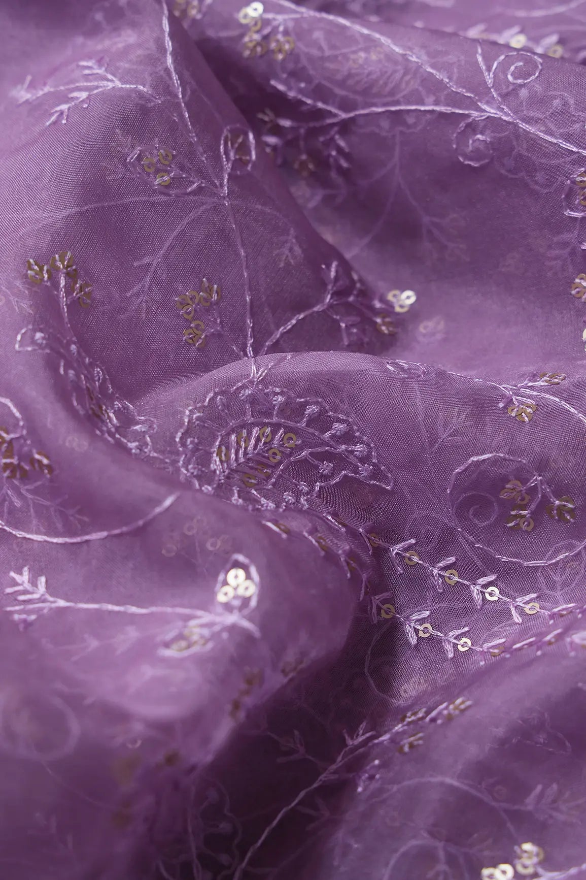 AIzaSyBcstauz-XMPRhEY21AUzeo032pxrXB5Ug - Lavender Thread With Sequins Floral Embroidery On Lavender Organza Fabric