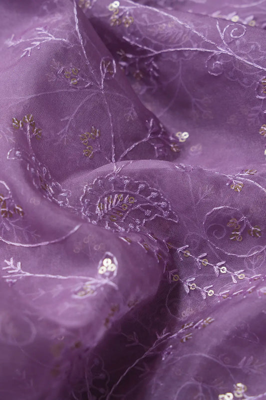 AIzaSyBcstauz-XMPRhEY21AUzeo032pxrXB5Ug - Lavender Thread With Sequins Floral Embroidery On Lavender Organza Fabric