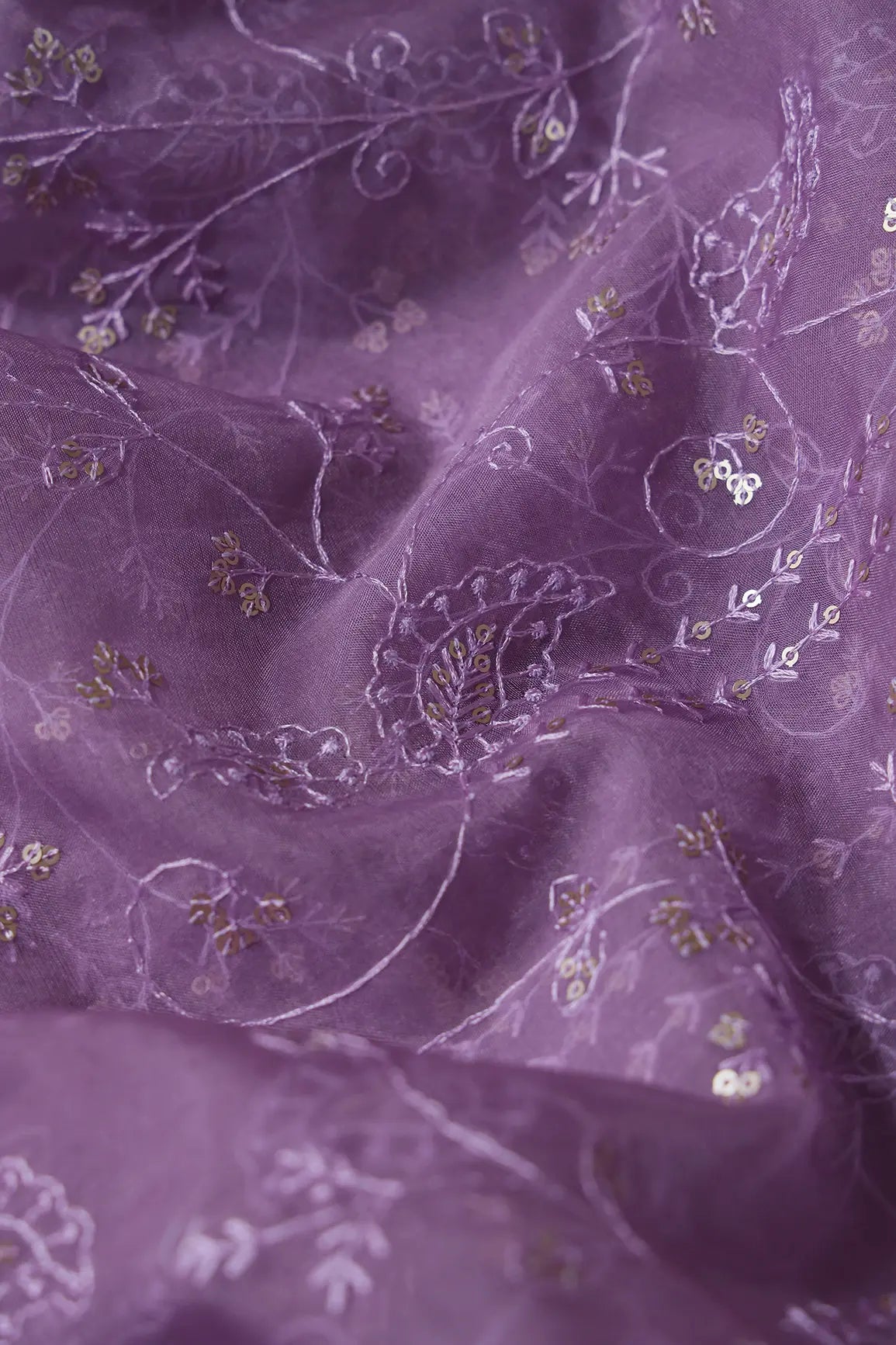 AIzaSyBcstauz-XMPRhEY21AUzeo032pxrXB5Ug - Lavender Thread With Sequins Floral Embroidery On Lavender Organza Fabric