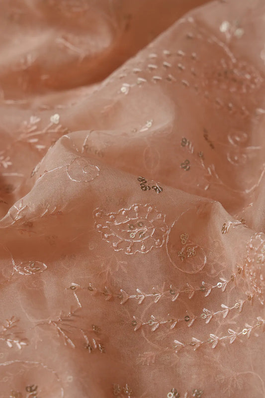 Peach Thread With Sequins Floral Embroidery On Peach Organza Fabric
